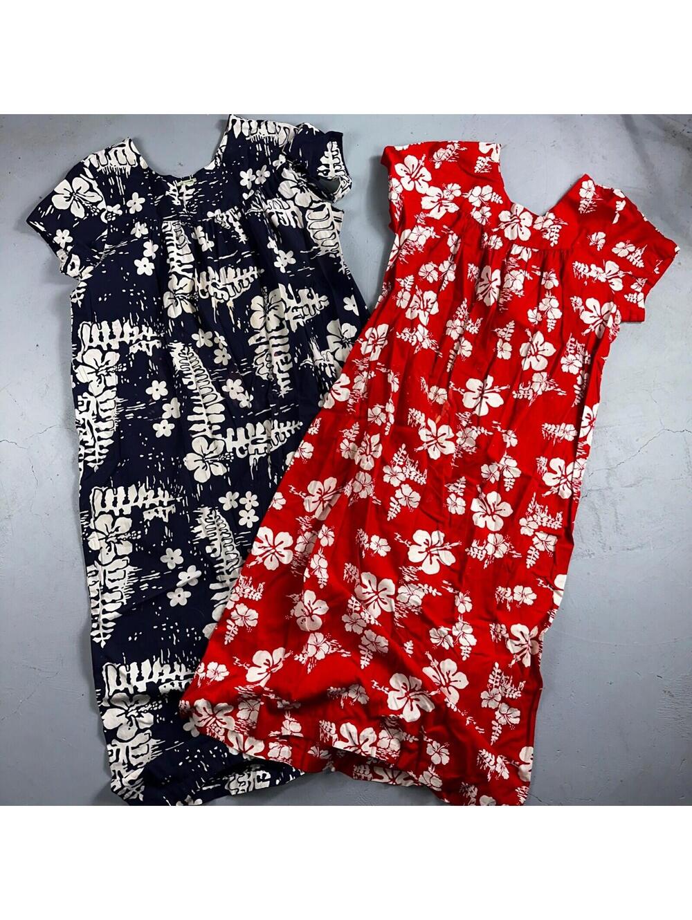 Vintage 60's Ui-Maikai Barkcloth Red and Blue Hawaiian Dress Lot Needs Repairs